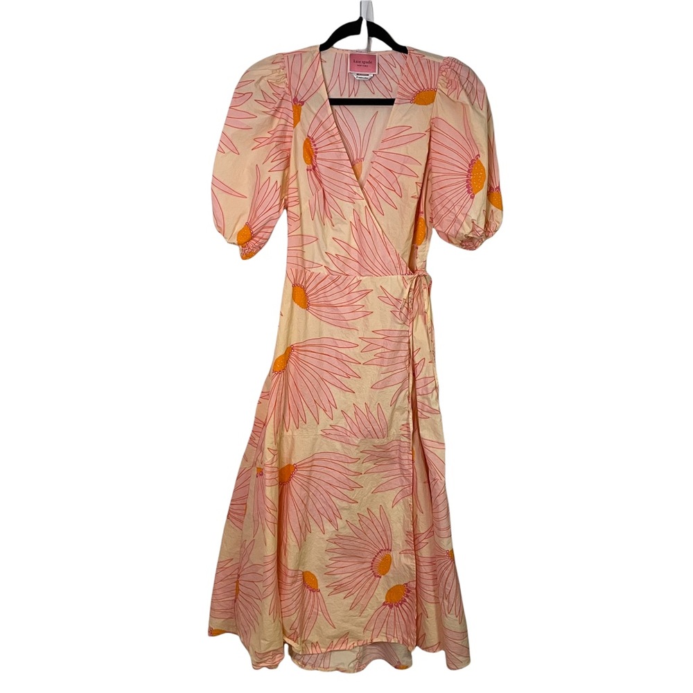 Kate Spade Grand Daisy Pink Orange Puff Sleeve Wrap Dress